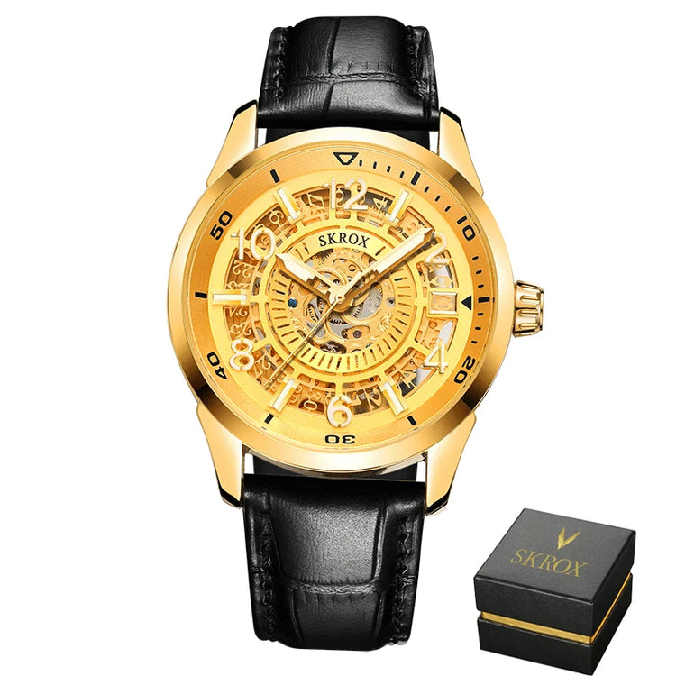 SKROX Original Gold Skeleton Automatic Movement Men's Watch Mechanical Waterproof Male Wrist Watches Leather Strap Luxury Clock