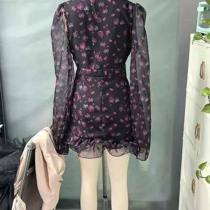 Women's Elegant Mini Dress with Ruffles and Floral Print, Long Sleeves, Deep V-Neck, Slim A-Line Dress 2026, New Women's Dress for Holidays and Street Style