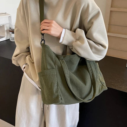 Women Corduroy Tote Bag Casual Multi Pocket Handbag Adjustable Strap Crossbody Sling Bag Zipper Shoulder Bag Fall Winter Bag PlatiNum