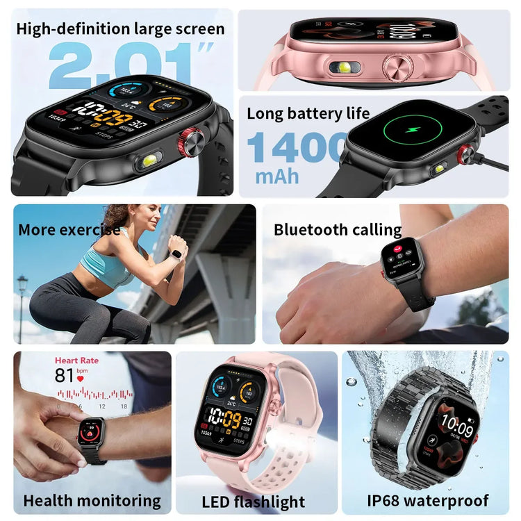 2026New Smart Watch Fitness Clock Men 2.01" AMOLED Screen 1400mAh 130+ Days Battery Life Flashlight Call Waterproof Smartwatches