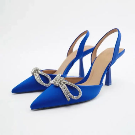 Décolleté blu Slingback da donna tacchi alti Crystal Bowknot Party Dress Shoes donna Sexy sandali con tacco a spillo a punta estate 2024