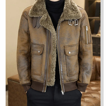 2025 Winter Fur Integrated Leather Jacket Men Thick Velvet Imitation Fur Leather Coat Loose Motorcycle Coat Casual Streetwear
