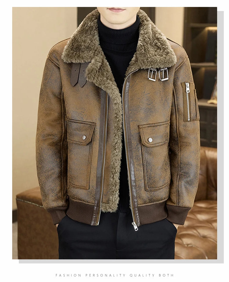 2025 Winter Fur Integrated Leather Jacket Men Thick Velvet Imitation Fur Leather Coat Loose Motorcycle Coat Casual Streetwear