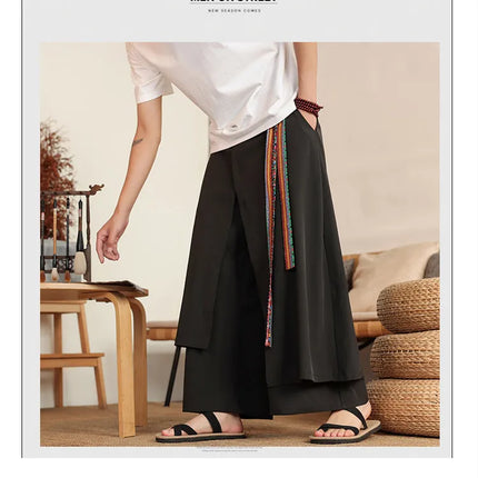 Pantaloni Eleganti da Uomo Stile Nepal, Gamba Larga, Vita Alta, Leggeri e Sottili, con Patchwork Irregolare, Moda Streetwear