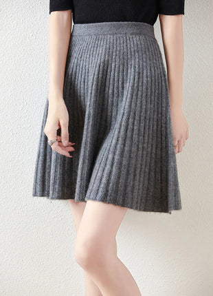 Korean Skirt 100% Merino Wool Women's Knitted Mini Skirt Autumn and Winter Women's Fashion Solid Color Small Umbrella Skirt PlatiNum