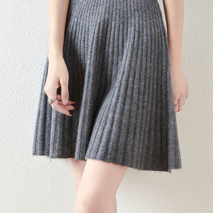 Korean Skirt 100% Merino Wool Women's Knitted Mini Skirt Autumn and Winter Women's Fashion Solid Color Small Umbrella Skirt PlatiNum