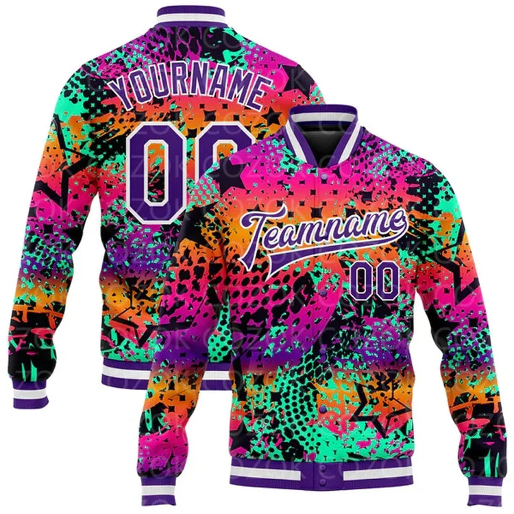 Custom Skull 3D Printed Baseball Button Jacket Bomber Full-Snap Varsity Letterman Jacket