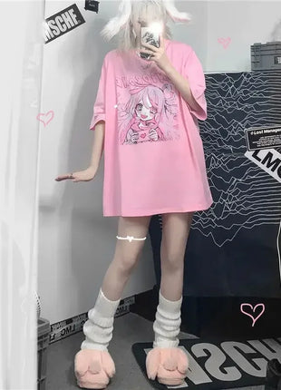 Primavera estate nuova versione coreana Harajuku Pink Cute Anime Cartoon Girl stampa t-shirt a maniche corte allentata studentessa superiore