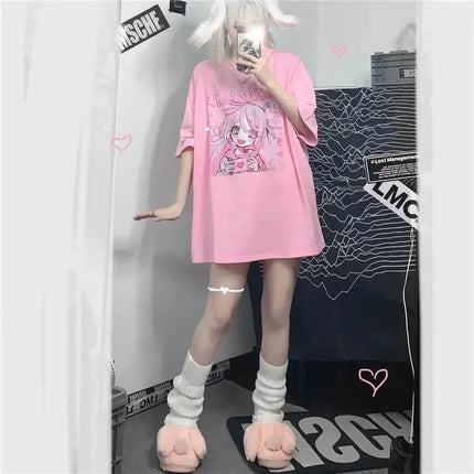 Printemps été Nouvelle version coréenne Harajuku Rose Mignon Anime Cartoon Fille T-shirt à manches courtes ample étudiant haut
