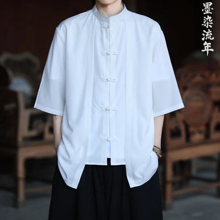 Camicia cinese da uomo in seta di ghiaccio stile cinese comoda camicia retrò traspirante da uomo casual estiva vestibilità ampia moda tinta unita