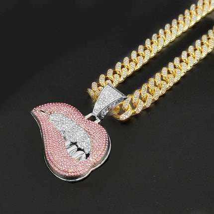 Collana con ciondolo a forma di labbro per morso hip-hop da donna per uomo con catena cubana in cristallo da 13 mm Collane hip-hop ghiacciate Bling Gioielli di moda PlatiNum