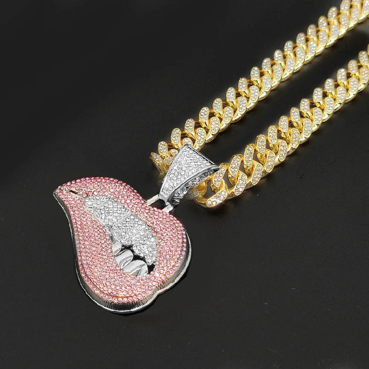 Collana con ciondolo a forma di labbro per morso hip-hop da donna per uomo con catena cubana in cristallo da 13 mm Collane hip-hop ghiacciate Bling Gioielli di moda PlatiNum