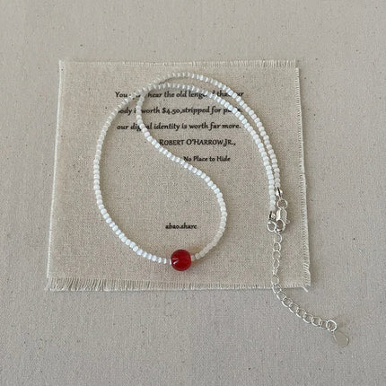 Minar French Silver Water Wave Chain Red Agate Beads Heart Beaded Pendant Necklaces for Women Gold Silver Plated Sweater Chain PlatiNum