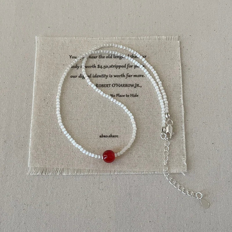 Minar French Silver Water Wave Chain Red Agate Beads Heart Beaded Pendant Necklaces for Women Gold Silver Plated Sweater Chain PlatiNum