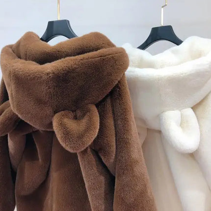 Cosy Loose Faux Fur Coat Womens Faux Fur Fuzzy Hooded Fluffy Ears Surcoat Overcoat Woman Winter Warm Outerwear Snowy Day Wrap