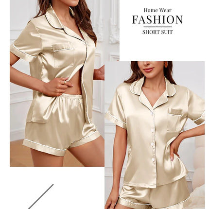 Pigiama da donna in raso di seta estivo Set Top e pantaloncini abbottonati 2 pezzi indumenti da notte colletto dentellato indumenti da notte Loungewear per le donne