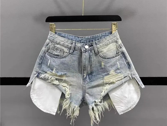 Tassel Piercing Denim Shorts for Women 2026 Summer New Style Spicy Girl High Waist Show Thin A-line Wide Leg Cowboy Short Pants PlatiNum