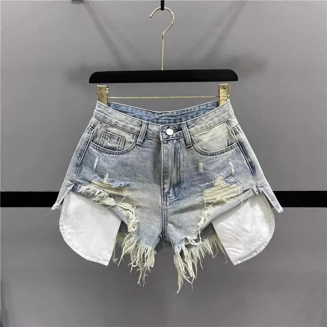 Tassel Piercing Denim Shorts for Women 2026 Summer New Style Spicy Girl High Waist Show Thin A-line Wide Leg Cowboy Short Pants PlatiNum
