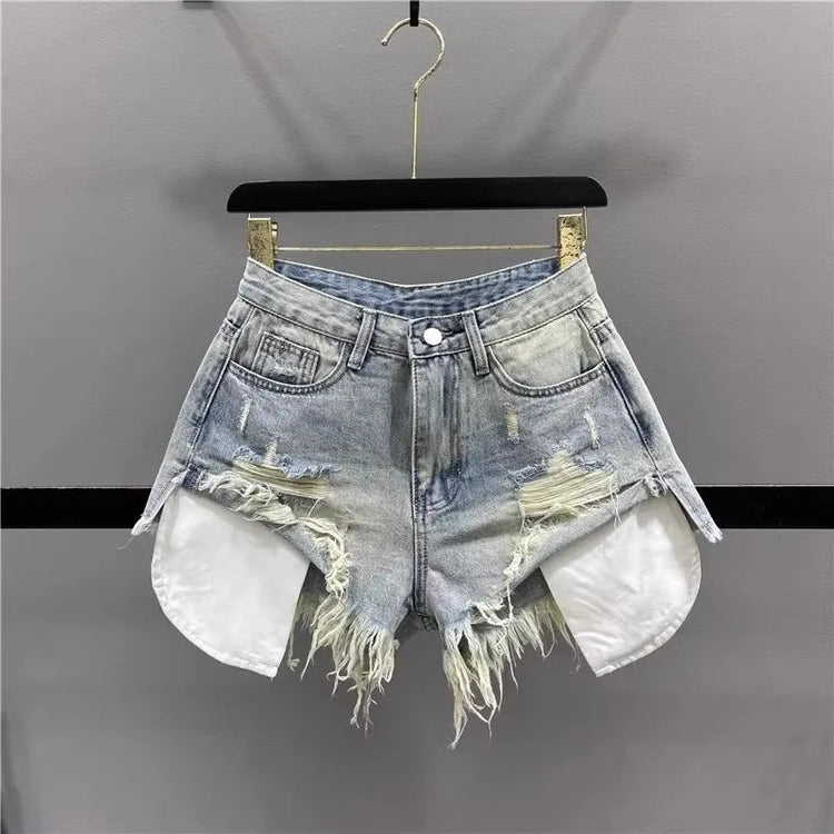 Tassel Piercing Denim Shorts for Women 2026 Summer New Style Spicy Girl High Waist Show Thin A-line Wide Leg Cowboy Short Pants PlatiNum