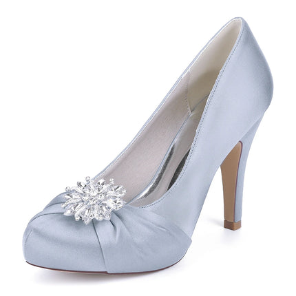 Primavera Boca de pescado Punta redonda Diamantes de imitación de seda Zapatos de boda impermeables de tacón alto para mesa Sandalias de mujer de talla grande para vestido de banquete