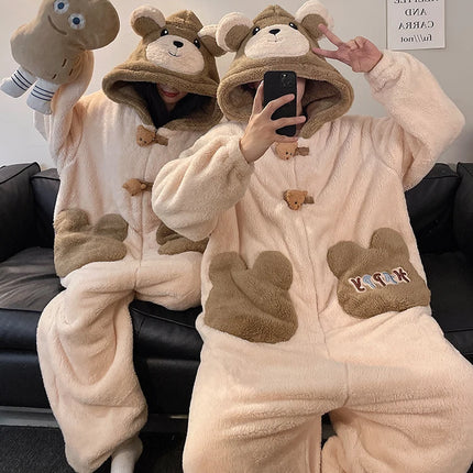 DAIMELU bear cartoon sleepwear long sleeved pajamas men winter thickened warm coral fleece flannel one-piece male loungewear set