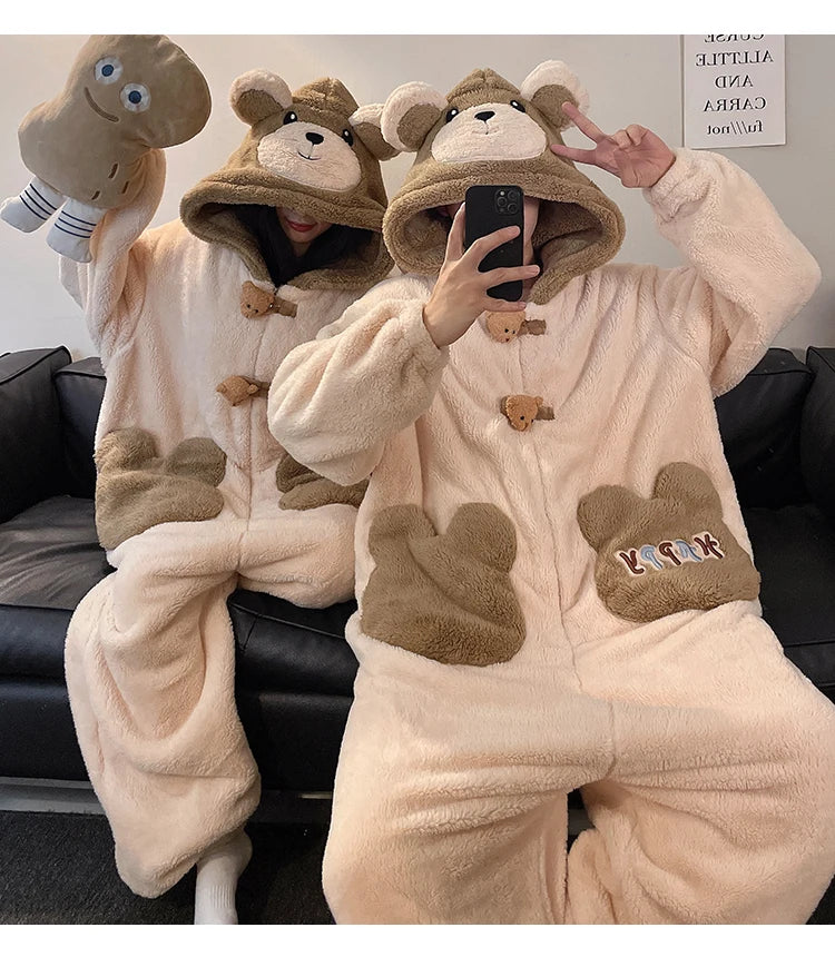 DAIMELU bear cartoon sleepwear long sleeved pajamas men winter thickened warm coral fleece flannel one-piece male loungewear set
