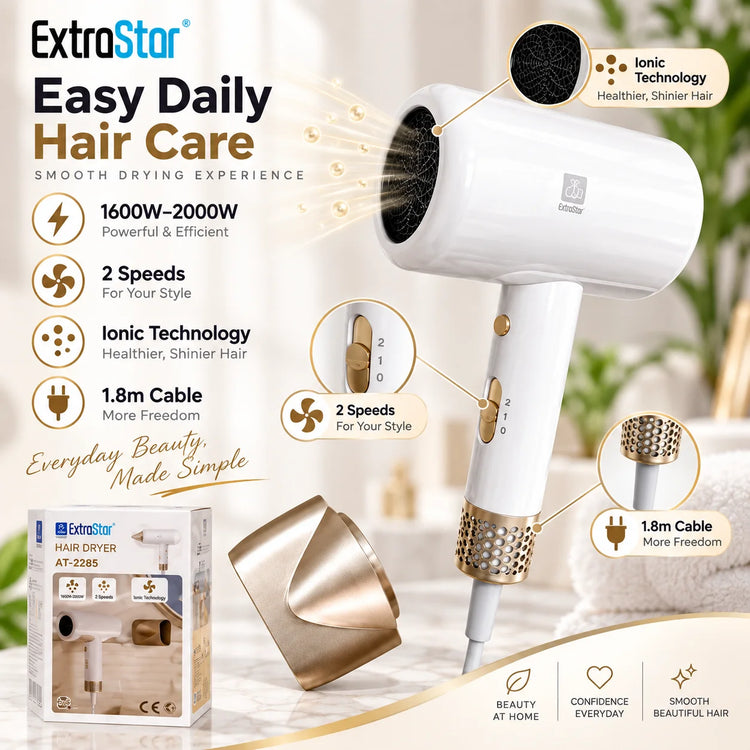 ExtraStar AT-2285 Ionic Hair Dryer 1600W-2000W 220-240V 2 Speed Hair Blower with Concentrator Nozzle 1.8m Cord
