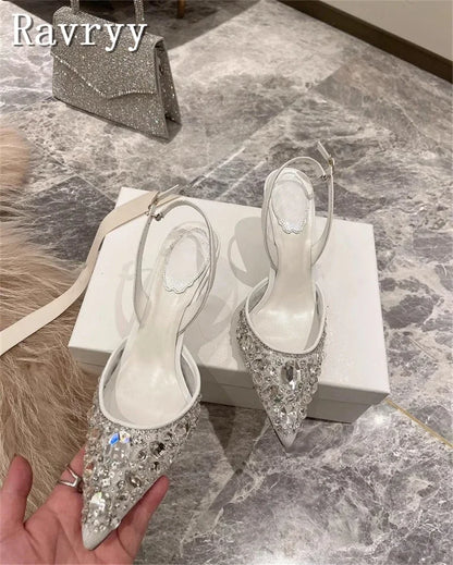 Pointed Toe Lace Crystal Women Pumps New Wedding High Heel Shoes Luxury Design Sexy Bride Party Stiletto Sandals