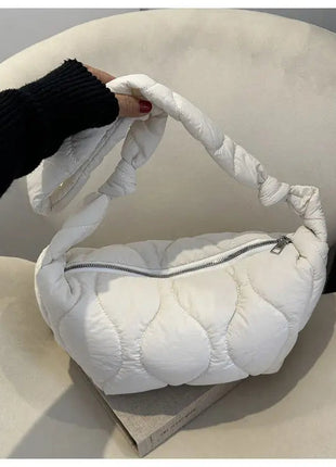 Puffer Shoulder Bag for Women Soft Down Cotton Padded Tote Handbag Purse Quilted Cross Body Bag Solid Color Bubbles Cloud Bag PlatiNum