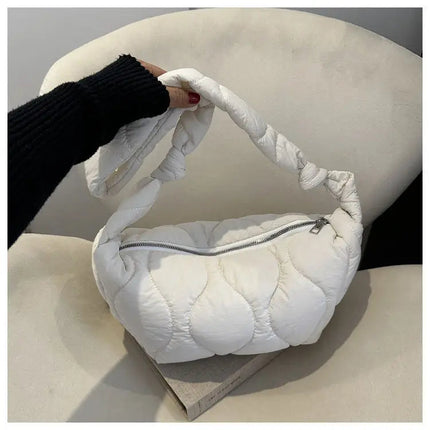 Puffer Shoulder Bag for Women Soft Down Cotton Padded Tote Handbag Purse Quilted Cross Body Bag Solid Color Bubbles Cloud Bag PlatiNum