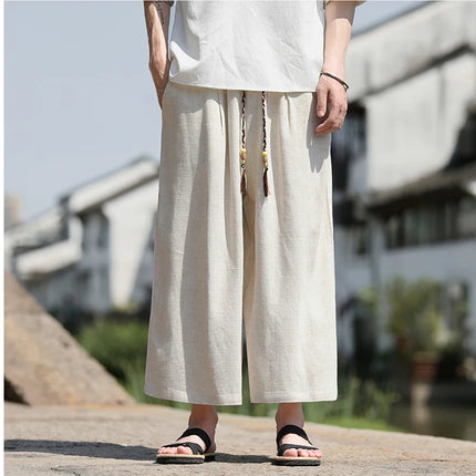 Pantaloncini larghi da uomo Pantaloni casual traspiranti estivi Gamba larga in cotone di lino Taglie forti 5XL Pantaloni Harajuku comodi da esterno da uomo