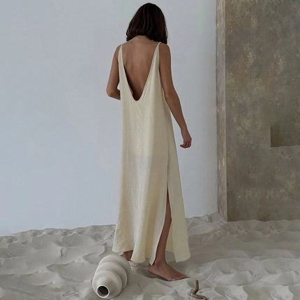 HiLoc Abito lungo bianco allentato casual Robe 2025 Nuovi abiti estivi con scollo a V per le donne Primavera senza maniche Vestaglie dritte Camicia da notte