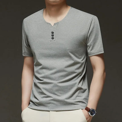 2025 New Men's Business Casual Three Button V-neck Short Sleeved T-shirt Korean Style Summer Comfortable Versatile Top PlatiNum