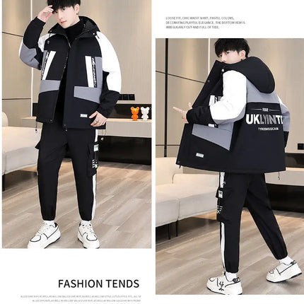 Men's Casual Wool Lined Thickened Hooded Set Fashionable Warm Sweatshirt Jacket Trendy Autumn Winter Men 2 Piece