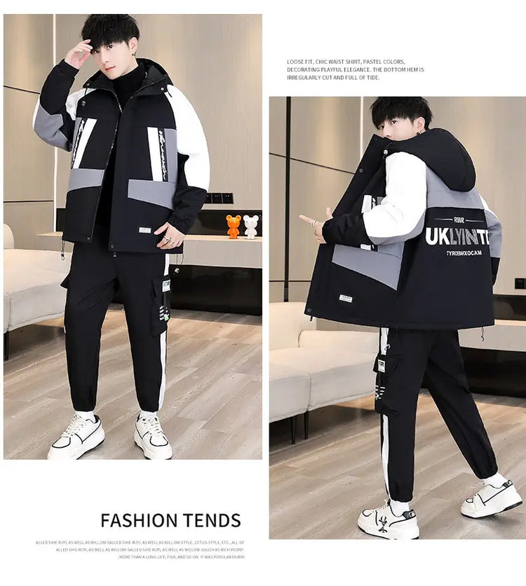 Men's Casual Wool Lined Thickened Hooded Set Fashionable Warm Sweatshirt Jacket Trendy Autumn Winter Men 2 Piece