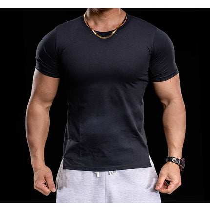 Men's gym fitness workout clothing slim fit short sleeve breathable high elasticity sports T-shirt, running sports