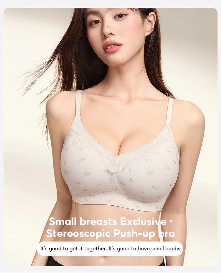 FallSweet French Floral Wireless Push Up Bra for Women Sweet Lace Bralette with Small Breasts Anti-sagging Brassiere Lingerie