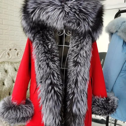 Winter Long Jacket Real Fur Coat Women Clothes Large Silver Fox Fur Collar Detachable Natural Fox Lining Parkas Leather Fur