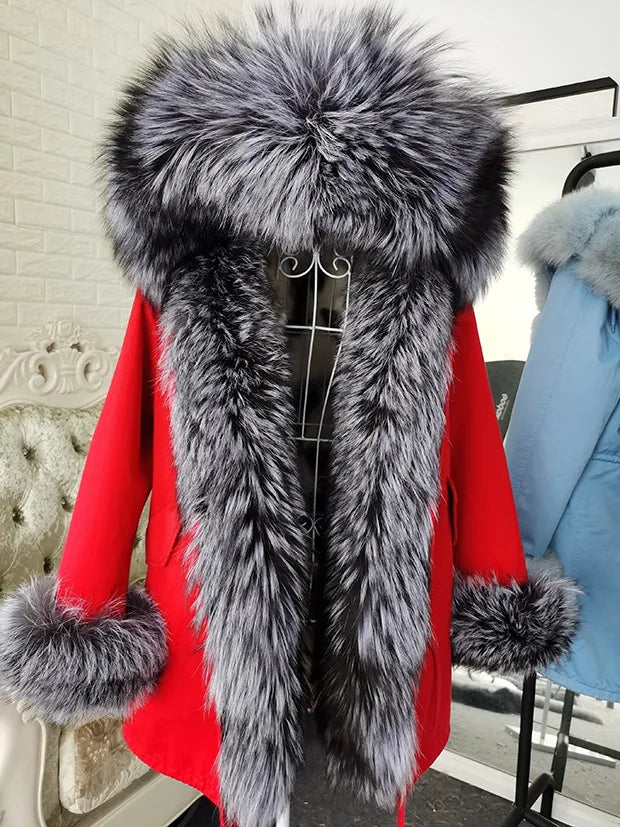 Winter Long Jacket Real Fur Coat Women Clothes Large Silver Fox Fur Collar Detachable Natural Fox Lining Parkas Leather Fur