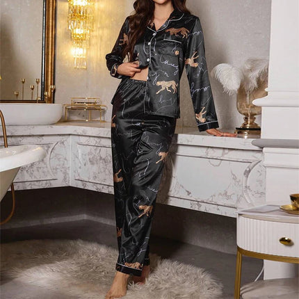 Pigiama da donna con stampa floreale color block, maniche lunghe e pantaloni in raso per un sonno confortevole, morbido pigiama e pigiama da notte