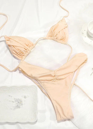 Set Bikini Sexy con Pieghe, Micro Bikini Tinta Unita, Costume da Bagno Femminile a Triangolo, Abbigliamento da Spiaggia platinumshop