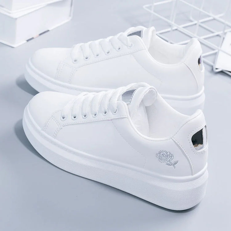 Women Leather Pu Casual Shoes New 2025 Woman Shoes Fashion Embroidered White Sneakers Breathable Flower Lace-Up Women Sneakers