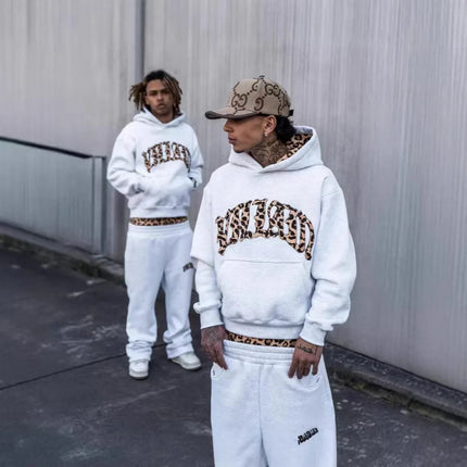 High street fashion leopard print letter embroidered men sportswear suit Y2K American casual retro hoodie trend loose clothing PlatiNum