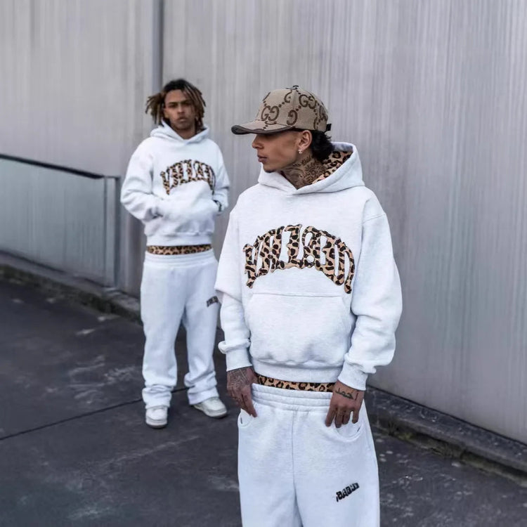 High street fashion leopard print letter embroidered men sportswear suit Y2K American casual retro hoodie trend loose clothing PlatiNum