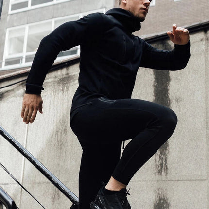 Men's Cotton Training Sets Gym Sportswear Zipper Hoodie Casual Sports Hooded 2-piece Top with Pants Black Sweatshirts Sweatpants PlatiNum