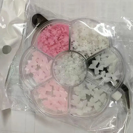1box 3D Flower Bow Nail Art Decorations Kit Pink/White Acrylic Floral/Peal Beads Nail Charm with Wax Pen/Tweezer 4/6mm Nail Part Nail