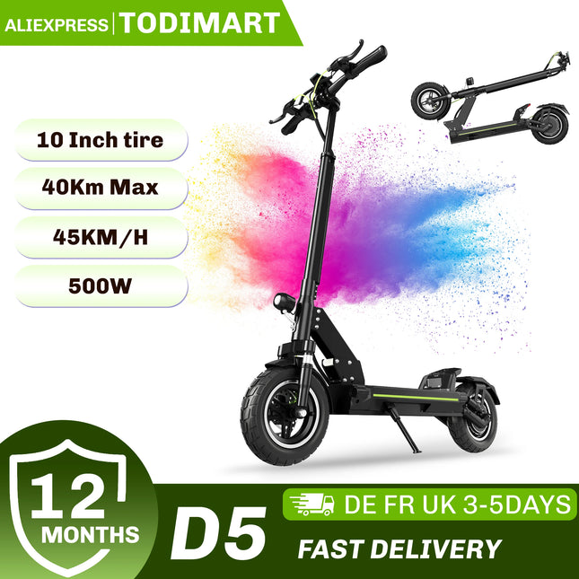 Monopattino Elettrico per Adulti TODIMART D5, E-Scooter Urbano, Batteria 48V 10.4Ah, Motore 499W, Velocità Massima 24.99km/h, Autonomia 30-45km, Pieghevole, Portatile, per Pendolari, Alte Prestazioni