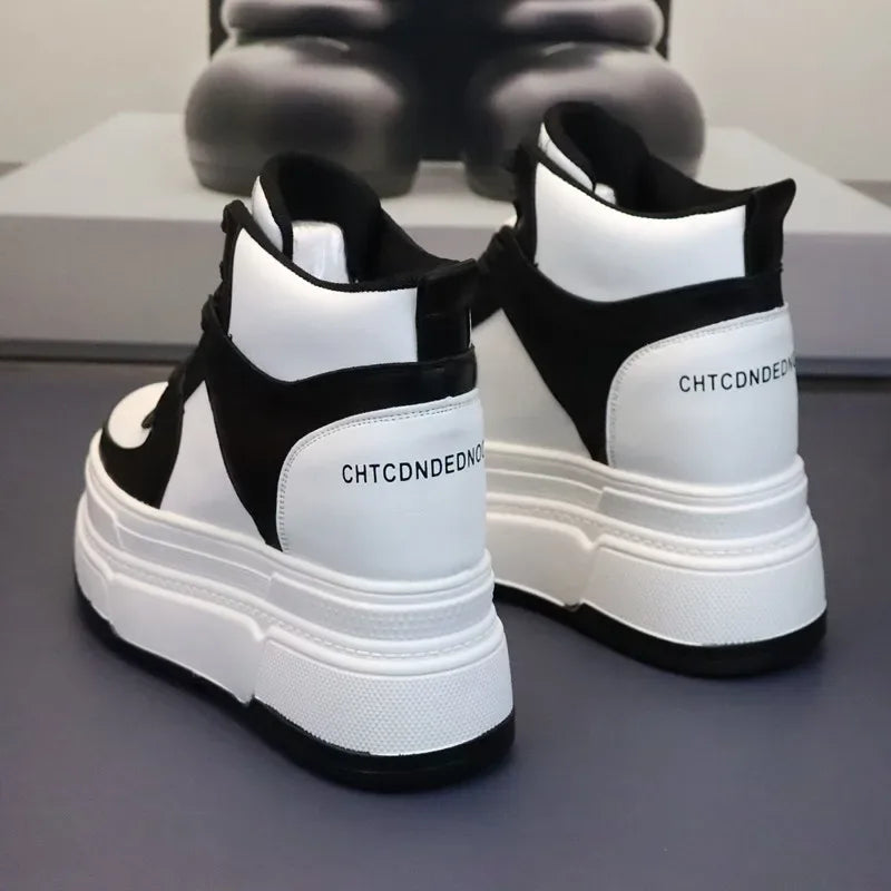 10CM 12CM 14CM High Top Leather Women Autumn Spring Platform Wedge Women Fashion Sneakers Chunky Shoes Vulcanize Skateboard - PlatiNum