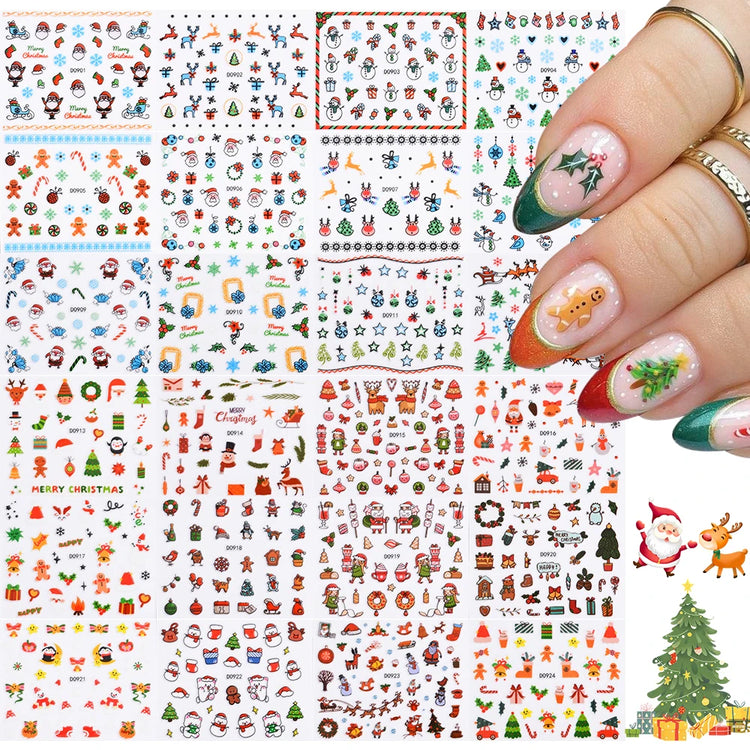 24Pcs 3D Christmas Nail Stickers Cartoon Santa Claus Elk Snowman Snowflakes Self-Adhesive Nail Decals Kid Girl Xmas Gift Sliders