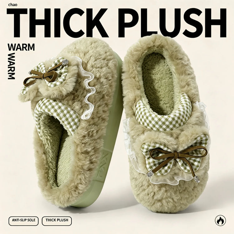 Kawaii Winter Warm Cotton Slippers Women Plaid Bowknot Lace Ruffle Plush Thick Platform Non-Slip Indoor Casual Shoes